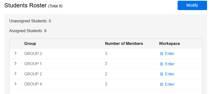 Students roster with grouping completed